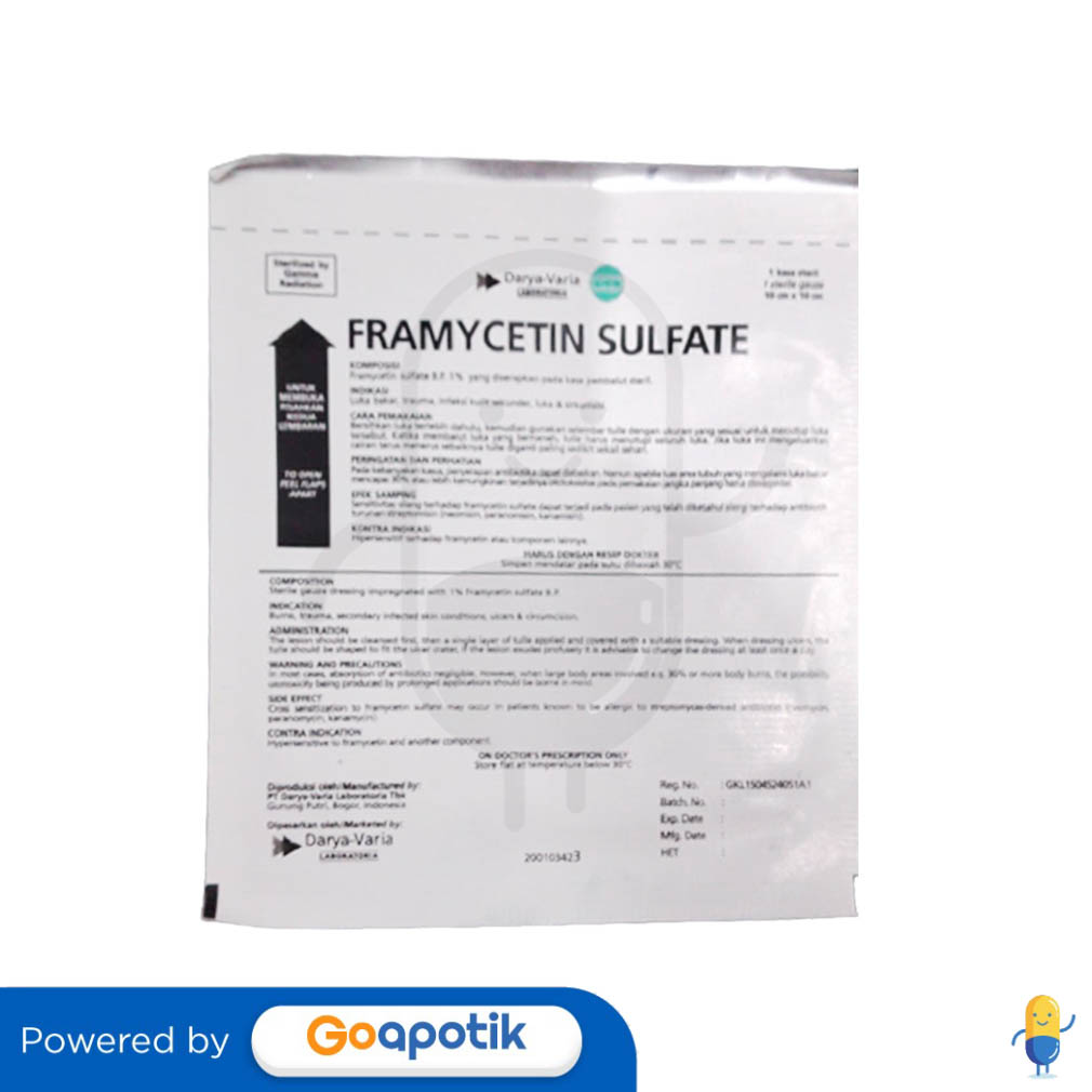 FRAMYCETIN SULFATE DARYA VARIA 10 X 10 CM SACHET Kegunaan, Efek