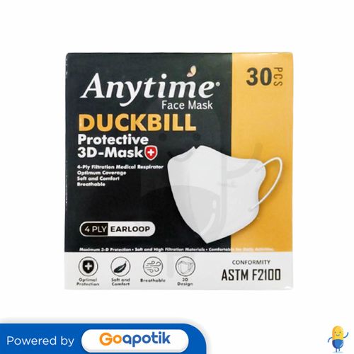 ANYTIME DUCKBILL FACE MASK 4PLY EARLOOP PUTIH BOX 30 PCS