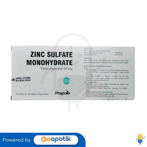 ZINC SULFATE MONOHYDRATE PHAPROS 20 MG BOX 100 TABLET Kegunaan, Efek